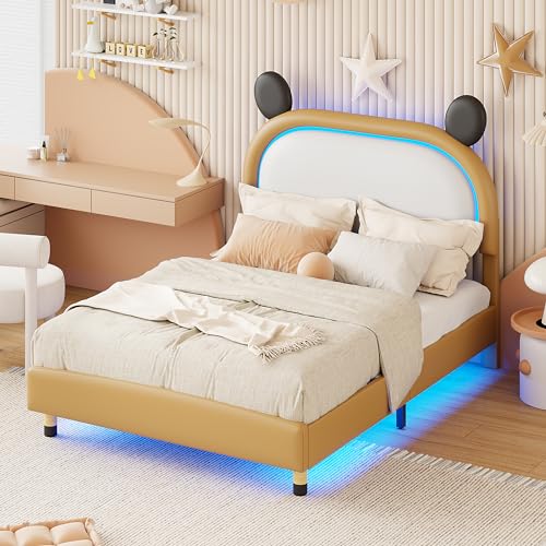 Polsterbett 140X200 cm, mit LED-Beleuchtung, flaches Bett aus zweifarbigem Kunstleder, verstellbares Kopfteil, flaches Bett mit Lattenrost,Gelb-Braun von Soweiz
