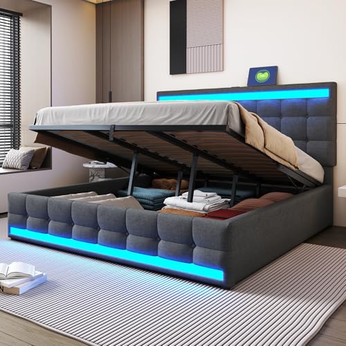 Polsterbett 180x200cm Hydraulisches Stauraum-Kinderbett mit USB und farbwechselndem LED-Lichtstreifen, Leinen-Einzelbett, Mit Lattenrost und komfortablem Kopfteil (Grau) von Soweiz
