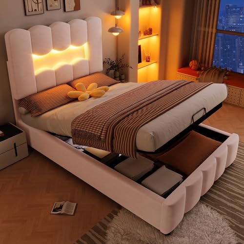 Polsterbett 90 x 200 cm, Kinderbett, Holzrahmen, ohne Matratze, LED-Beleuchtung, mit Hydraulikvorrichtung, verstellbares Kopfteil, Samt (Rosa) von Soweiz