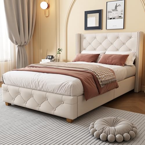 Polsterbett 90x200cm mit Lattenrost und Kopfteil, Knopfpolsterung, Nietenpolsterung, Holzbeine, Stabilität Haltbarkeit (Leinen, Beige) von Soweiz