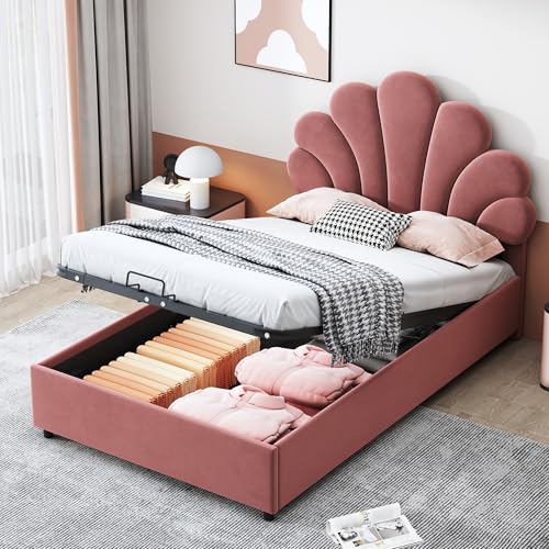 Polsterbett Kinderbett 90 x 200 cm, mit geblümtem Kopfteil und Lattenrost, mit höhenverstellbarem Kopfteil und hydraulischem Stauraum, hautfreundlicher Samtstoff (Rosa) von Soweiz