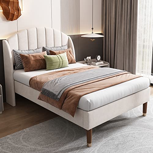 Polsterbett Samt 90x200cm mit Lattenrost und Kopfteil, Jugendbett, Einzelbett, Holzlattenunterstützung, Einfache Montage (beige) von Soweiz