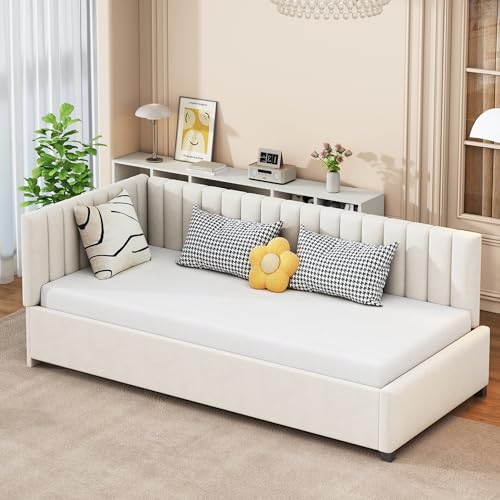 Polsterbett Sofabett 90x200 cm, Seitliche Rückenlehnen umsteckbar, Multifunktionsbett mit Lattenrost Hautfreundlicher Samtstoff (Beige) von Soweiz