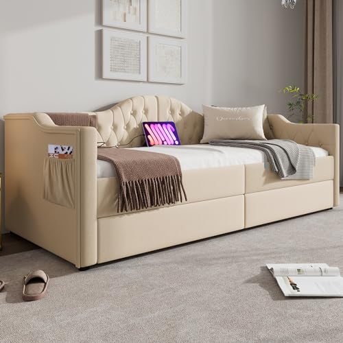 Polsterbett Tagesbett Einfaches Sofabett Multifunktionales Stauraumbett mit USB-Typ-C-Ladung und 2 Schubladen Bettrahmen (Matratze Nicht enthalten) (Beige Samt, 90x200cm) von Soweiz