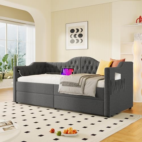 Polsterbett Tagesbett Einfaches Sofabett Multifunktionales Stauraumbett mit USB-Typ-C-Ladung und 2 Schubladen Bettrahmen (Matratze Nicht enthalten) (Grau Linen, 90x200cm) von Soweiz