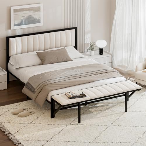 Polsterbett mit Endbank (klappbar), Bettgestell aus Eisen mit Stauraum und Organisation, Bett für Jugendliche, Bett für Erwachsene, Samt (Beige, 160x200cm) von Soweiz