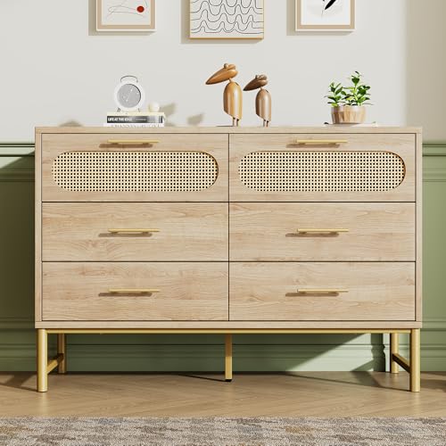 Rattan kommode Sideboard, komodenschrank, Schminktisch, für Wohnzimmer und Schlafzimmer, Metallgriffe, Kippschutz, 120 x 40 x 74 cm, Eiche (6 Schubladen) von Soweiz