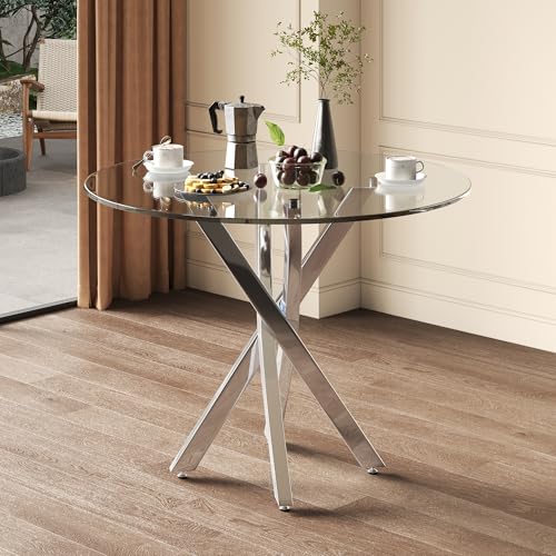 Runder Esstisch, 80x80x75cm Tischplatte aus gehärtetem Glas, galvanisierte Tischbeine, Kaffee-Freizeittisch, einfacher Esstisch, Silber von Soweiz