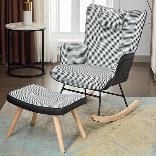Schaukelstuhl mit Seitentasche Schaukelstuhl, hohe Elastizität Schaumstoffkissen mit Fußstütze und Kopfstütze, kariert Schlafzimmer Sessel, 85x65x96cm Schaukelstuhl mit Seitentasche Schaukelstuhl, hohe Elastizität Schaumstoffkissen mit Fußstütze und Kopfstütze, kariert Schlafzimmer Sessel, 85x65x96cm von Soweiz