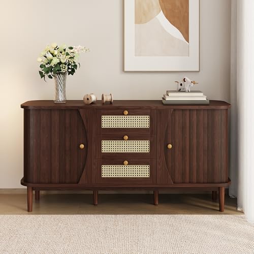 Sideboard, Rattanschrank mit Schubladen, Kommode mit Schiebetüren, Robust und Langlebig, Mehrere Stauräume, 140,5 L x 40 B x 76 H (cm) (Holzfarbe) von Soweiz