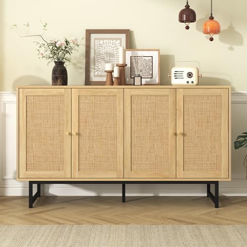Sideboard 140x39,5x80 cm mit echtem Rattangeflecht, 4 Türen, Robustes Sideboard aus Holz zur Aufbewahrung in Wohnzimmer, Küche und Schlafzimmer Sideboard 140x39,5x80 cm mit echtem Rattangeflecht, 4 Türen, Robustes Sideboard aus Holz zur Aufbewahrung in Wohnzimmer, Küche und Schlafzimmer von Soweiz