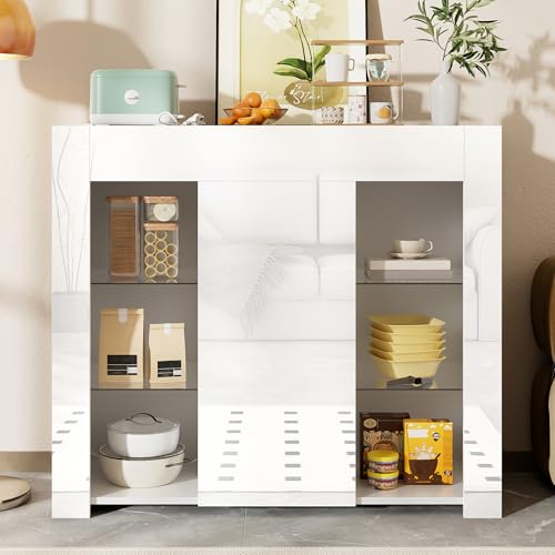 Sideboard Buffet mit Hochglanz-Front – Kompakte Aufbewahrungslösung mit Glasregalen und Schranktür für Wohnzimmer, Esszimmer oder Küche, 95x35x83 cm (Weiß) von Soweiz