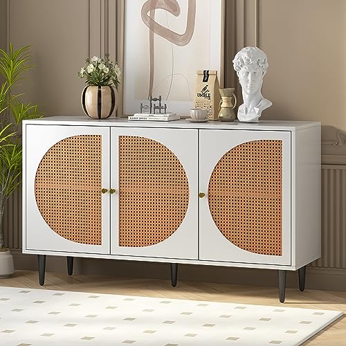 Sideboard mit 3 Rattan verzierten Türen Kommode Highboard mit Metallgriffe, für Schlafzimmer Wohnräume Büro, Nussbaum 129.8x40x76cm (Weiß) von Soweiz