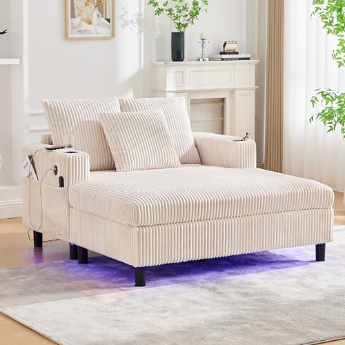 Sofa, weicher Chaiselongue-Liegesessel mit seitlichen Getränkehaltern, USB-Anschlüssen, integrierter LED-Ambiente-Beleuchtung – für Wohnzimmer, Schlafzimmer, 142x128x85cm (Beige) von Soweiz