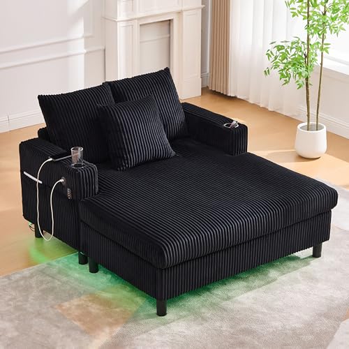 Sofa, weicher Chaiselongue-Liegesessel mit seitlichen Getränkehaltern, USB-Anschlüssen, integrierter LED-Ambiente-Beleuchtung – für Wohnzimmer, Schlafzimmer, 142x128x85cm (Schwarz) von Soweiz