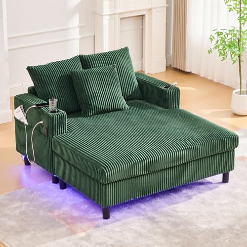 Sofa, weicher Chaiselongue-Liegesessel mit seitlichen Getränkehaltern, USB-Anschlüssen, integrierter LED-Ambiente-Beleuchtung – für Wohnzimmer, Schlafzimmer, 142x128x85cm (Smaragdgrün) von Soweiz