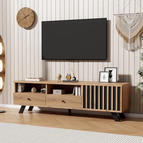 Soweiz 150x38x44cm TV-Schrank, TV-Ständer, FernseherSchrank mit 2 Schubladen, Lowboard, Geeignet für 60-Zoll-Fernseher, Wohnzimmerschrank in Holzfarbe von Soweiz