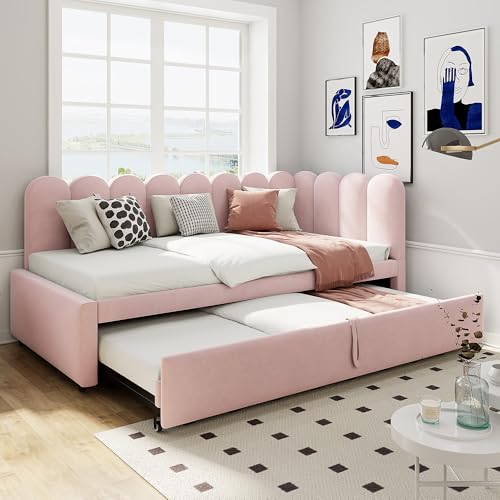Soweiz 2-in-1 Multifunktions-Schlafsofa in L-Form, Samtrosa Polsterbett Platzsparendes Design Kann als Kinderbett oder Gästebett genutzt Werden (Rosa, 90/180 x 200 cm) von Soweiz