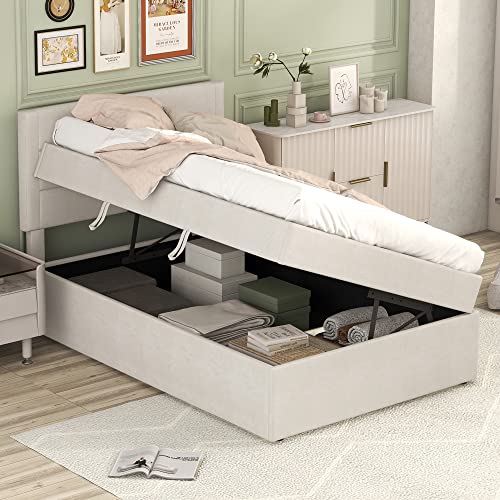 Soweiz 200x90cm, Polsterbett, Einzelbett mit Lattenrost aus Metallrahmen, Großer Stauraum (Beige) von Soweiz