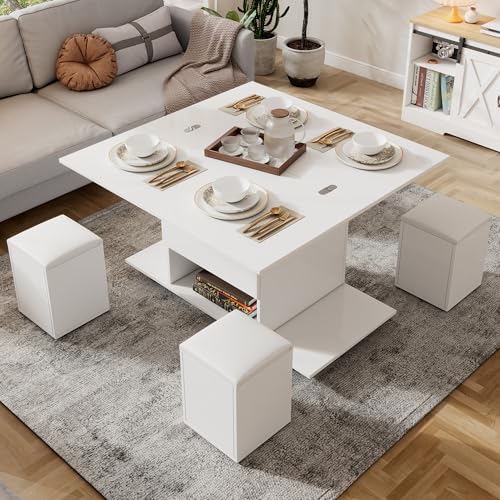 Soweiz Anhebbarer multifunktionaler Couchtisch – der Desktop kann 2 Tische öffnen, weiß, Wohnzimmermöbel, Büro, Esstisch, Freizeittisch, 100x100x63.5cm von Soweiz