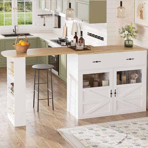 Soweiz Ausziehbarer Bartisch mit Stauraum(138-204×39×104cm), 360° drehbare Essbar, Beweglicher Bar Table, Hochtisch Kücheninsel Bistro Table, Sideboardschrank mit Regalen (Weiß + Holz) von Soweiz