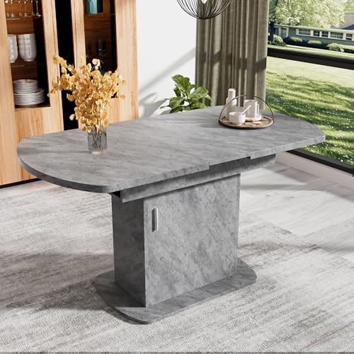 Soweiz Ausziehbarer Ovaler Esstisch, L110/130xW70xH75cm,Moderner Schreibtische mit Stauraum, Kaffee-Freizeittisch, Platzsparender Multifunktionaler Esstisch (Betonoptik+silberner Griff) von Soweiz
