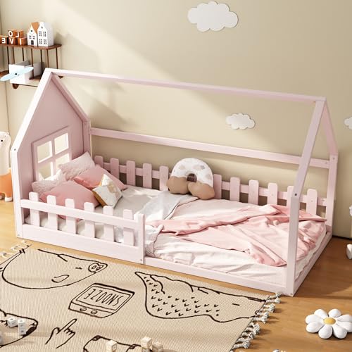 Soweiz Babybett, Flachbett 90x200 cm, Kinderbett Hausform mit Sicherheitsgeländer, Starkes und stabiles sicheres Holz (Rosa) von Soweiz
