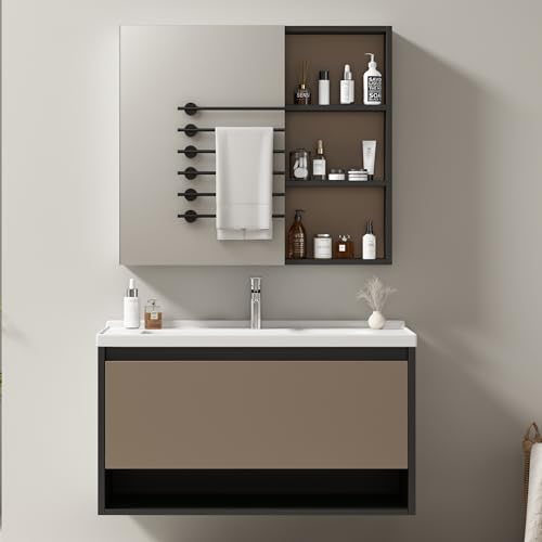 Soweiz Badezimmer Badmöbel Set :Waschbeckenunterschrank hängend 90cm breit,mit Keramikwaschbecken,Schubladen,Spiegelschrank,hellgrau von Soweiz