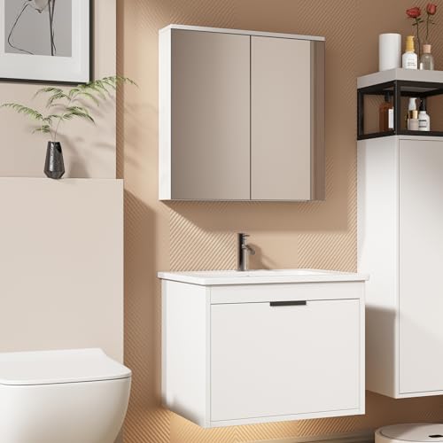 Soweiz Badezimmer Badmöbel Set:Waschbeckenunterschrank hängend 60cm breit,mit Keramikwaschbecken,Spiegelschrank,weiß Die Schubladen und Schränke sind geräumig von Soweiz