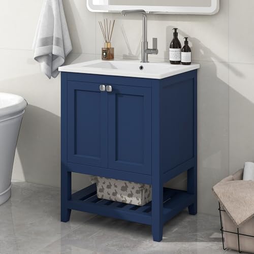 Soweiz Badmöbel Einzel Waschtisch mit Unterschrank 60cm mit Keramik-Waschbecken Der Schrank ist wasserdicht und Abriebfest, leicht zu reinigen (blau) von Soweiz