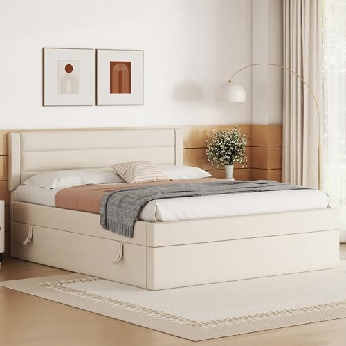 Soweiz Bett kann angehoben und abgesenkt Werden,140X200cm Flaches Bett, gepolstert, großer Stauraum (Beige) von Soweiz