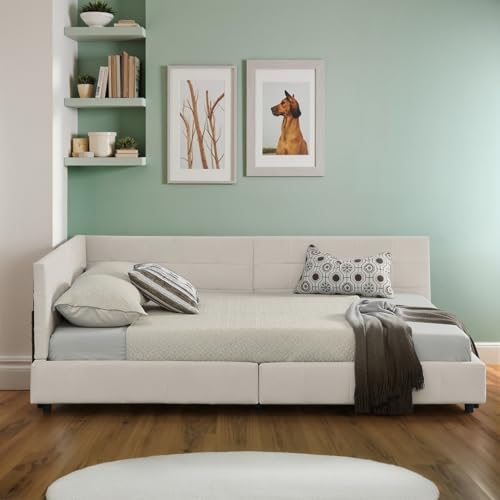 Soweiz Bettgestell Einzelbett Doppelbett,Schlafsofa hautfreundliches Samtdesign, Kinderbett mit hoher Rückenlehne, ohne Matratze (Beige, 140x200 cm) von Soweiz