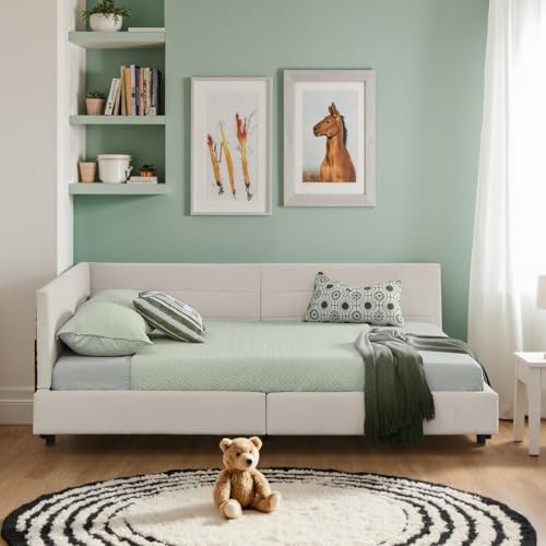 Soweiz Bettgestell Einzelbett Doppelbett,Schlafsofa hautfreundliches Samtdesign, Kinderbett mit hoher Rückenlehne, ohne Matratze (Beige, 160x200 cm) von Soweiz