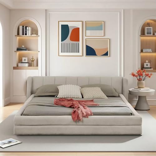 Soweiz Bettrahmen Einzelbett Doppelbett, Chenillestoff, komfortable Rückenlehne, Robustes Eukalyptus- und Eisengestell, ohne Matratze (Beige, 140×200cm) von Soweiz