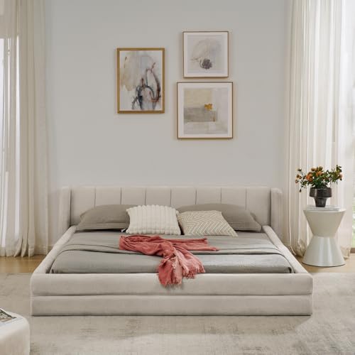 Soweiz Bettrahmen Einzelbett Doppelbett, Chenillestoff, komfortable Rückenlehne, Robustes Eukalyptus- und Eisengestell, ohne Matratze (Beige, 160×200cm) von Soweiz