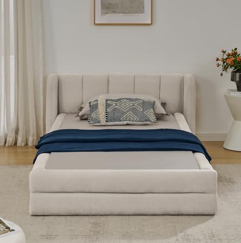 Soweiz Bettrahmen Einzelbett Doppelbett, Chenillestoff, komfortable Rückenlehne, Robustes Eukalyptus- und Eisengestell, ohne Matratze (Beige, 90x200 cm) von Soweiz