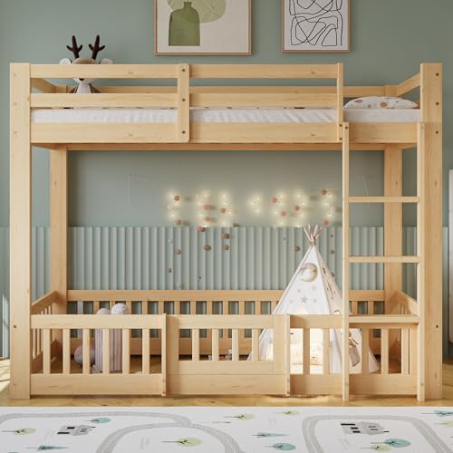 Soweiz Etagenbett, Holzbett mit rechtwinkliger Treppe, Kinderbett mit Geländer und Tür, mit Absturzsicherung, Freier Gestaltungsraum unter dem Bett, 90x200cm (Natur) von Soweiz
