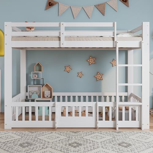 Etagenbett, Holzbett mit rechtwinkliger Treppe, Kinderbett mit Geländer und Tür, mit Absturzsicherung, Freier Gestaltungsraum unter dem Bett, 90x200cm (Weiß) von Soweiz