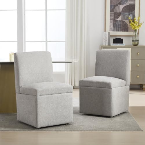 Soweiz Gepolsterte Esszimmerstühle 2er Set Drehbare Esszimmerstühle Küchenstühle Rollen Lagerung Bequemer Rollsessel für Wohnzimmer Armloser Stuhl (Light Grey Leinen) von Soweiz