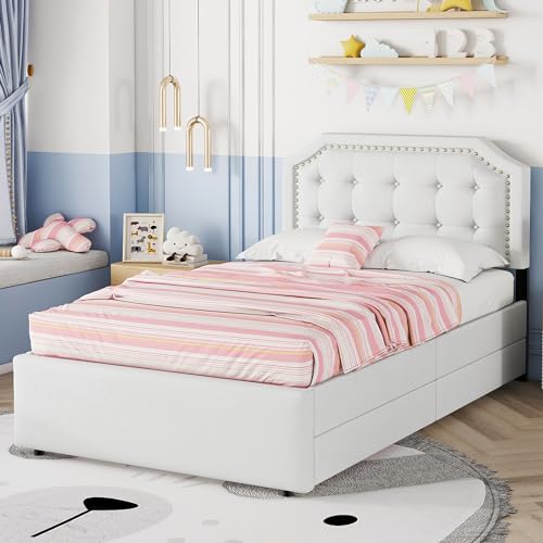Soweiz Gepolstertes Bett,90x200 cm flaches Bett, Nachttischpolsterung mit dekorativen Nieten, doppelte Schubladen (Hellbeige) von Soweiz