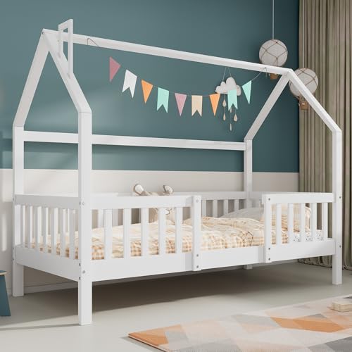Soweiz Hausform,Kinderbett Hausbett mit Schornstein,Robuste Lattenroste,Kiefernholz Haus Bett for Kids, 90 x 200 cm ohne Matratze, Weiß von Soweiz