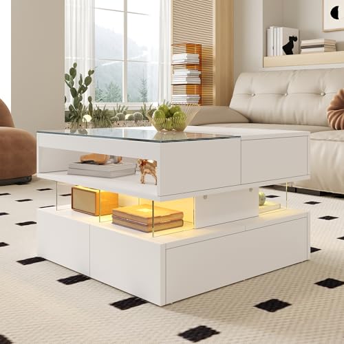 Soweiz Höhenverstellbarer Couchtisch für das Wohnzimmer mit 16-Farbiger Beleuchtung, Viel Stauraum, Glasplatte und Acryl-Trägern, 70 L x 67 B x 57 H(cm) von Soweiz