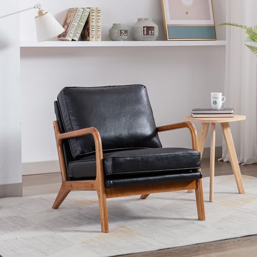 Soweiz Holzrahmensessel, Moderner Akzentstuhl Lounge Chair für Wohnzimmer, Schickes Design, Ergonomie,Stabil und Widerstandsfähig (PU Leather, Black) von Soweiz
