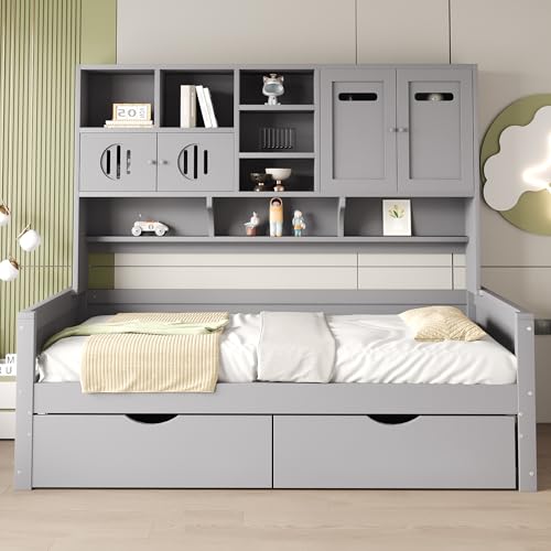 Soweiz Holzsofa-Bett 90 x 200 cm, multifunktionaler Stauraum Kinderbett, große Schublade, Einzelbett, Jugendbett, Lattenrost (Ohne Matratze) (Grau) von Soweiz