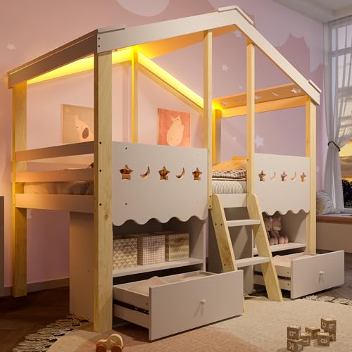 Soweiz Kinderbett, Babybett, Halbhohes Bett 90x200cm, Hausform, Hochbett, 2 Schubladen, LED-Lichtleiste,ohne Matratze,Weiß + Natur Soweiz Kinderbett, Babybett, Halbhohes Bett 90x200cm, Hausform, Hochbett, 2 Schubladen, LED-Lichtleiste,ohne Matratze,Weiß + Natur von Soweiz