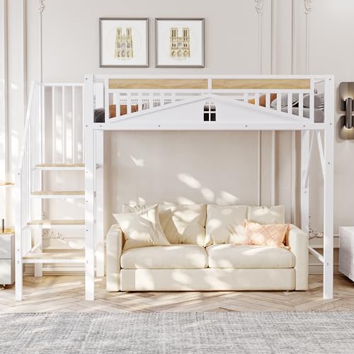 Soweiz Kinderbett, Metall-Hochbett, einzigartige Sicherheitsumrandung mit Fenster, mit Sicherheitsleiter, genügend Platz unter dem Bett für freien Stoffbezug, Ohne Matratze (Weiß, 90 x 200 cm) von Soweiz