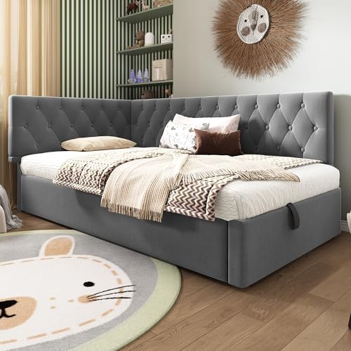 Soweiz Kinderbett Jugendbett Bettgestell mit Lattenrost aus Holz, Polsterbett Tagesbett Daybett, Schlafsofa mit hydraulischem Stauraum, Linke und rechte Montage, Samt, 90x200cm (Grau) von Soweiz