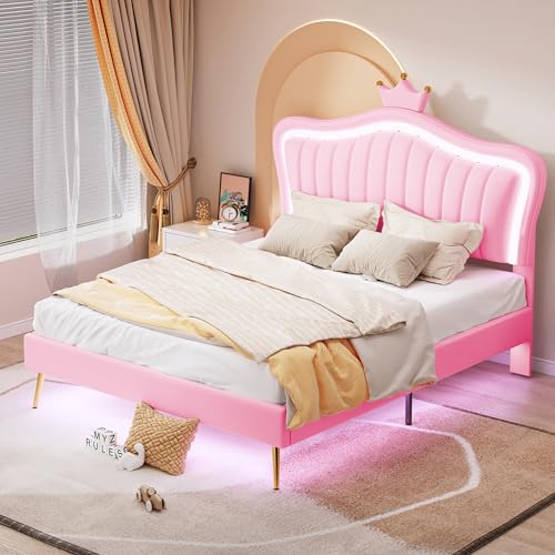 Soweiz Kinderbett Polsterbett 140x200 cm, Bettgestell für Mädchen, Kronen-Doppelbettgestell aus PU-Leder mit LED-Leuchten, Lattenrost und Rückenlehne(Matratze Nicht enthaltet) (Rosa) von Soweiz