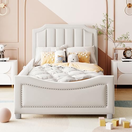 Soweiz Kinderbett Polsterbett 90x200cm Schlafsofa Bettgestell Flanell Multifunktionsweichbett mit Rückenlehne Armlehne Eltern-Kind-Bett Jugendbett Gästebett (Beige) von Soweiz