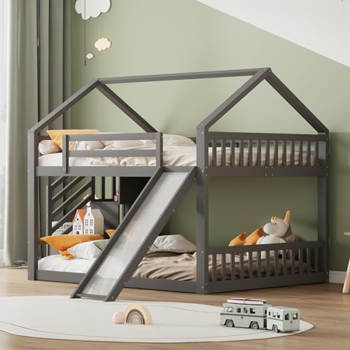 Soweiz Kinderbett mit Geländer, geeignet für Kinder, Jugendliche, Grau,140x200cm Etagenbett mit Stauraumtreppe und Rutsche von Soweiz